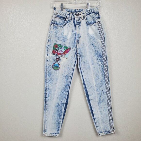 Vintage 90s Zena Acid Washed Bleached Patchwork New Directions Denim Blue Jeans - Picture 1 of 16